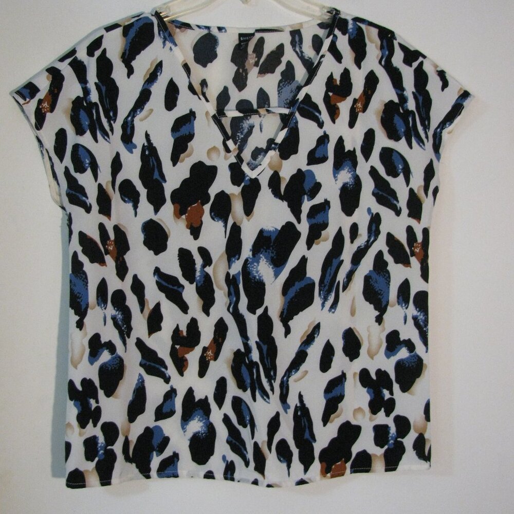 * Shein Animal Print Blouse XS Runs Big White Black Blue Silky